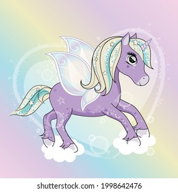 Cute little unicorn character with butterfly wings flying in the skies. Vector.