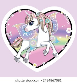 Cute little unicorn character with butterfly wings over pink background.