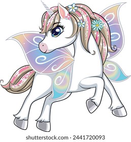 Lindo personaje de unicornio con alas de mariposa.