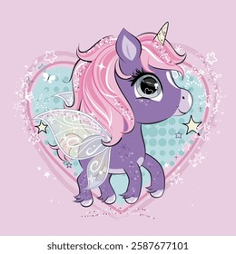 Cute little unicorn character with butterfly wings over pink heart shape background.