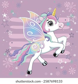 Cute little unicorn character with butterfly wings over pink background.