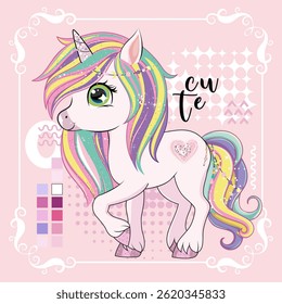Cute little unicorn character with butterfly wings over pink heart shape background.