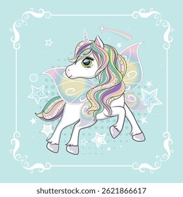 Cute little unicorn character with butterfly wings over pastel background.