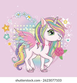 Cute little unicorn character with butterfly wings over pink background.