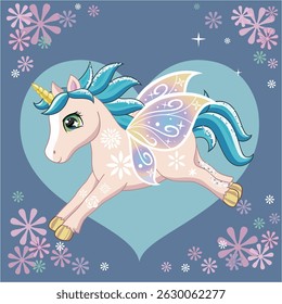 Cute little unicorn character with butterfly wings over dark background.