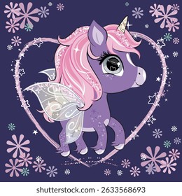 Cute little unicorn character with butterfly wings over dark background.