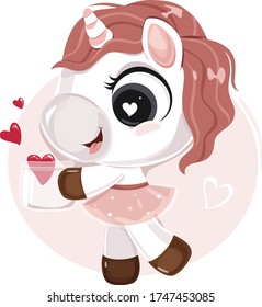 Cute little unicorn character with hearts in a jar. Vector illustration, modern pastel colors.