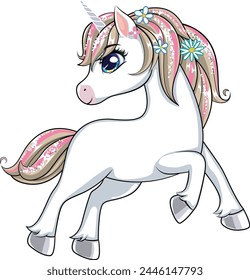 Cute little unicorn character isolated on white background.