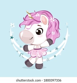 Cute little unicorn character in modern pastel colors. Vector illustration isolated on pink background.