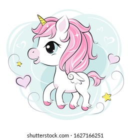 Cute little unicorn character on mint colored background. Vector.