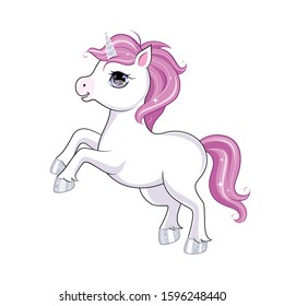 Cute little unicorn character over pink round background. Vector.