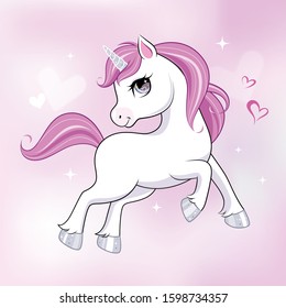 Cute Little Unicorn Character Over Pink Background. Vector.