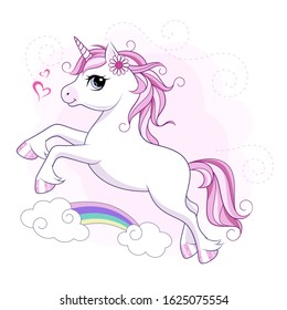 Cute little unicorn character over pink background with rainbow. Vector.