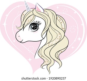 Cute little unicorn character over pink heart shape background. Vector illustration isolated on white background.