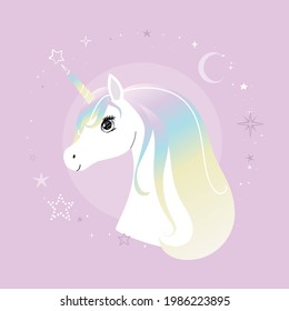 Cute Little Unicorn Character With Rainbow Hair Over Pink Background. Vector Illustration.