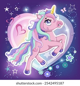 Personaje lindo del unicornio con el pelo del arco iris sobre fondo rosado de la forma del corazón y fondo oscuro del espacio exterior.