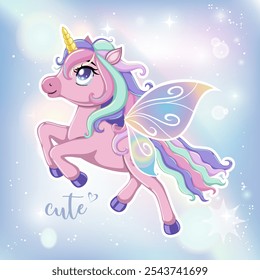 Cute little unicorn character with rainbow hair and butterfly wings over pastel background.