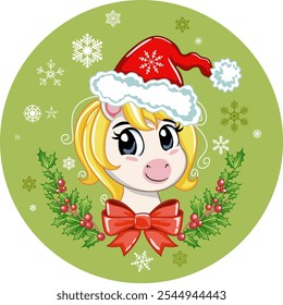 Cute little unicorn. Christmas and New Year theme. Postcard with magical pony. Sticker, invitation or card.