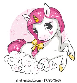 Cute little unicorn with clouds. Illustration on thr pink background.Beautiful picture for your design. 