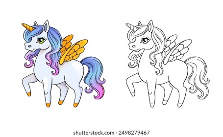 Cute little unicorn. Color and black white vector illustration for coloring book with example in color