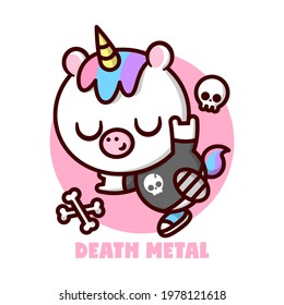 CUTE LITTLE UNICORN WITH COLORFUL HAIR AND YELLOW HORN AND WEARING BLACK TEE WITH A SKULL LOGO. HIGH QUALITY CARTOON CHARACTER AND MASCOT.