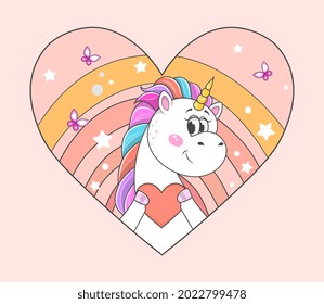 Cute little unicorn with colorful hair holding red heart on pink background. Concept of trendy style, modern pastel colors. Cute romantic stickers for little children. Flat cartoon vector illustration