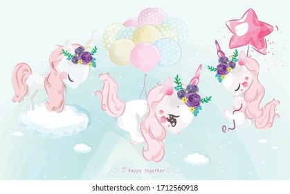 A cute little Unicorn in colorful watercolor style Set.