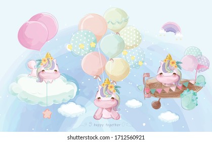 A cute little unicorn in colorful watercolor style Set.