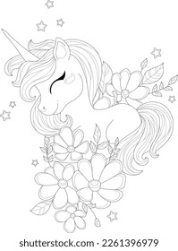 Criatura de unicornio lindo en flores con hojas y estrellas dibujando plantilla. Ilustración vectorial de dibujos animados en blanco y negro para iconos, símbolos emoji, juegos, decoración. Papel colorido, página, libro de historias