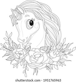 Cute little unicorn creature in rose flowers with leafs sketch template. Cartoon vector illustration in black and white for icons, emoji symbols, game, pattern, decor. Coloring paper, page, story book
