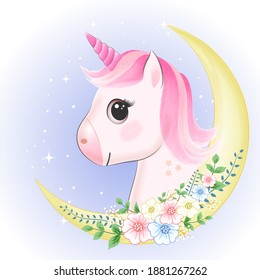Cute Little Unicorn and Crescent moon hand drawn cartoon animal watercolor illustration