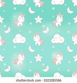 Cute little unicorn decorated with cloud, moon and star seamless pattern on green gradient background.