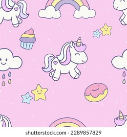 Cute little unicorn decorated with rainbow and cloud seamless pattern on pink background with snow dot.