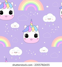 Cute little unicorn decorated with rainbow and clouds. Seamless pattern on pastel purple background