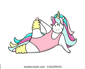 Cute little unicorn is doing exercise. Vector isolated illustration