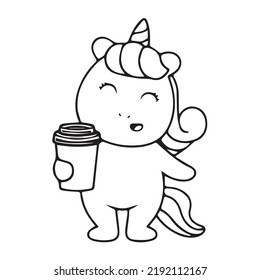 Cute little unicorn drinking coffee. Vector cartoon pony. Vector illustration for children. Coloring book