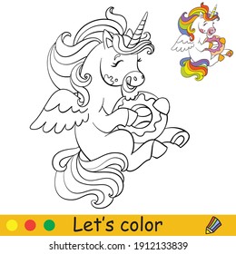 Cute little unicorn eating a doughnut. Coloring book page with colorful template. Vector cartoon illustration isolated on white background. For coloring book, preschool education, print, design, game