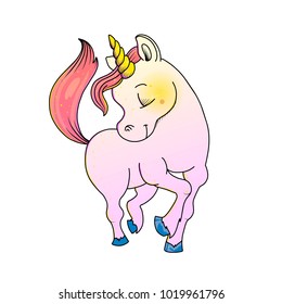 Cute little unicorn is embarrassed. baby vector illustration cartoon girl style. For sticker, patch and print