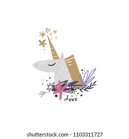 Cute little unicorn face, magic art. Magical print. Vector and jpg image. Clipart, isolated details, handcrafted.