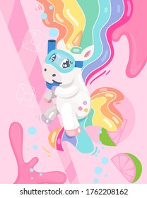 Cute little unicorn floating in lemonade. Vector cartoon children illustration.