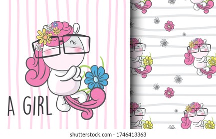 Cute little unicorn with flowers seamless pattern illustration