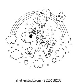 A cute little unicorn is flying on balloons near the rainbow. Black and white, linear, contour illustration. For children's design of coloring books, prints, posters, stickers, postcards, etc. Vector