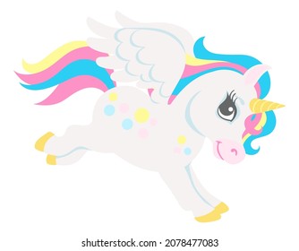 Cute little unicorn flying. Running magic animal with wings
