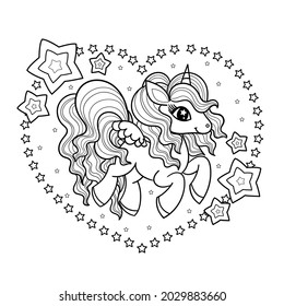 Cute, little unicorn In a frame of stars. Heart shape. For the design of prints, posters, coloring books, stickers, badges, etc. Vector