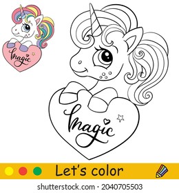 Cute little unicorn with a heart. Coloring book page for children with colorful template. Vector cartoon illustration. For education, print, game, decor, puzzle, design