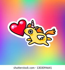 Cute little unicorn with a heart. Pegasus Sticker isolated on abstract colorful background. Greeting card for Valentine's day.
