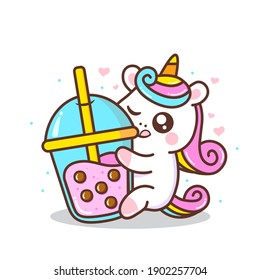 cute little unicorn hugging bubble tea