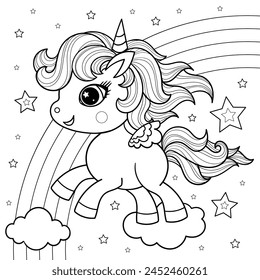 Lindo unicornio saltando sobre las nubes. Ilustración vectorial en blanco y negro. Tema mágico. Para el diseño infantil de libros para colorear, estampados, carteles, pegatinas, rompecabezas, etc. Vector