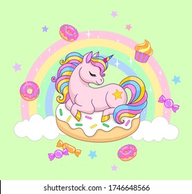 Cute little unicorn laying on donut with rainbows and sweets. Vector illustration