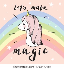 Cute little unicorn. Let's make magic lettering. Vector illustration.